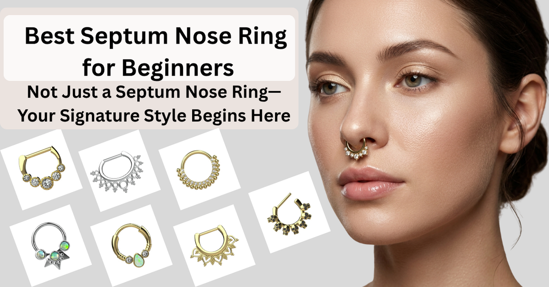 Model wearing a gold septum nose ring with beginner-friendly septum jewelry styles