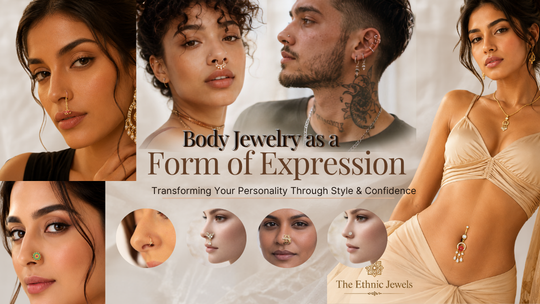 Body jewelry styles including nose studs, septum rings, belly rings, and ear piercings showcasing personal expression and individuality.