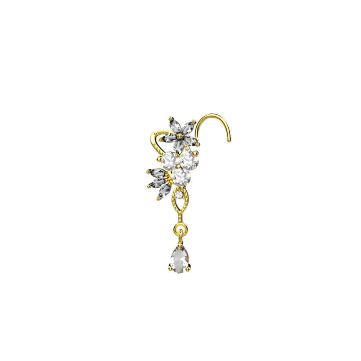 New arrivals stylish gold nose ring with zircon stones, floral pattern and drop dangle for women