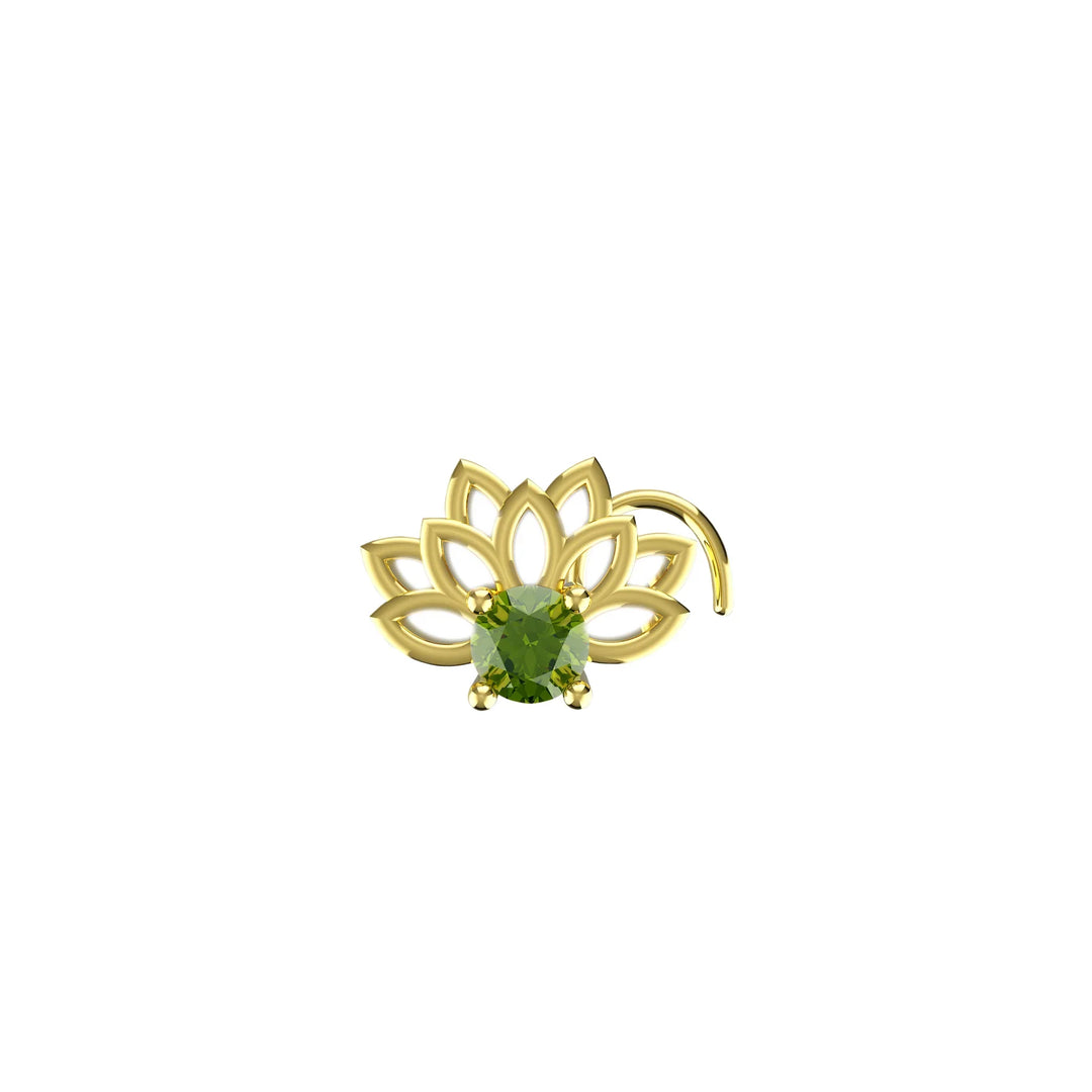 Stylish gold nose stud with floral lotus motif and green crystal for daily and festive wear