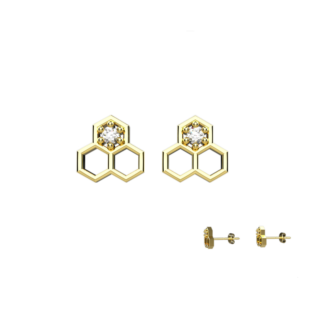 Hexad honeycomb gold stud earrings – geometric design