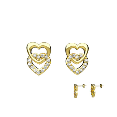 Double Heart Stud Earrings in 14K Gold