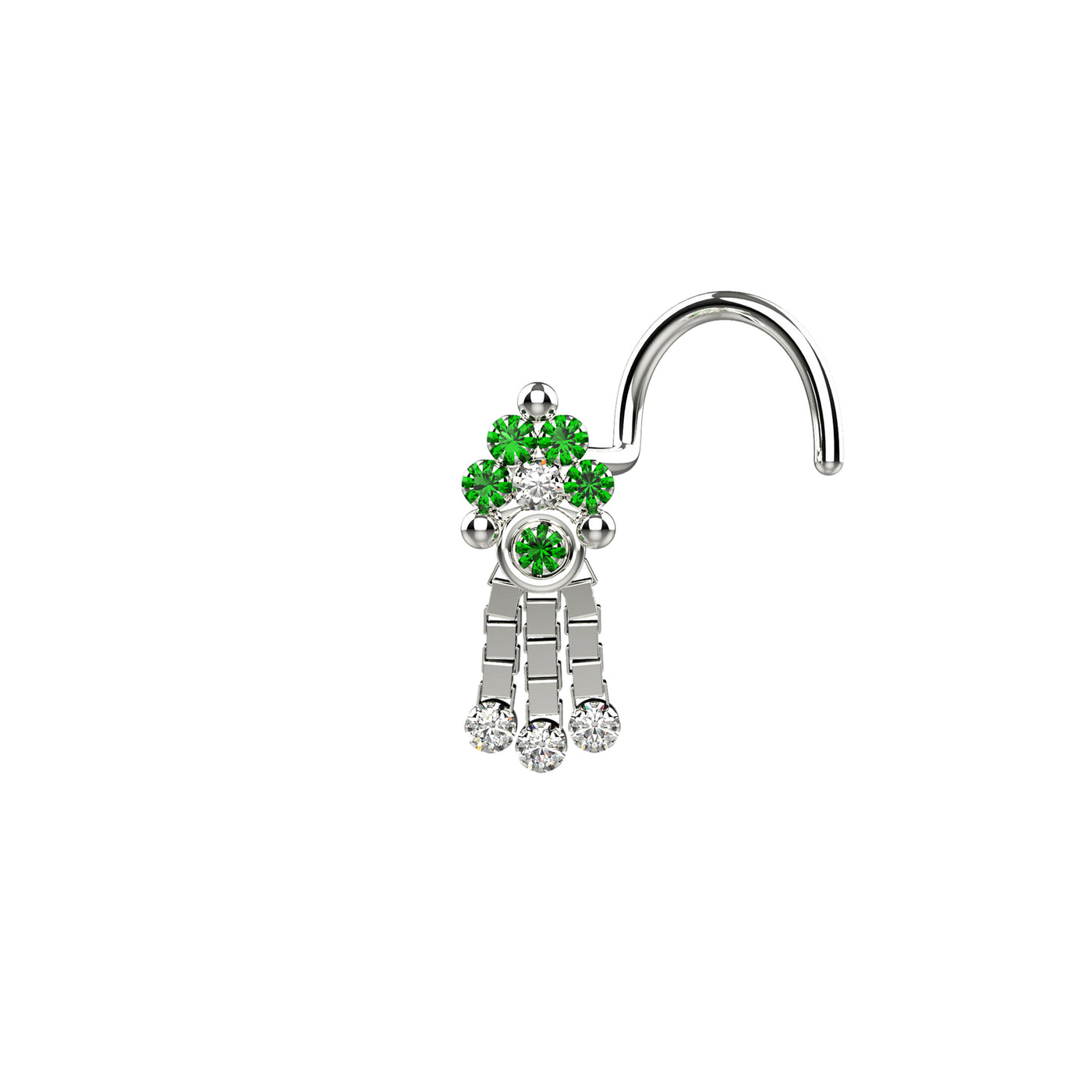 Emerald Stone Prong Dangle Chain Nose Stud