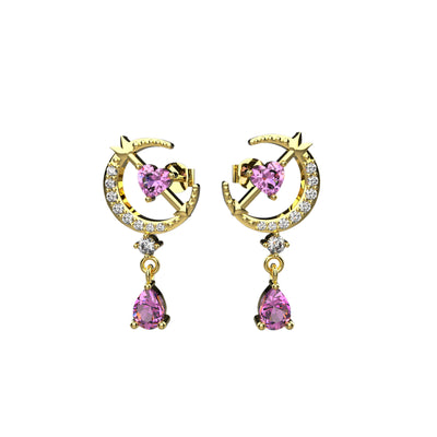 Pink Crystal Moon Dangle Stud Earrings