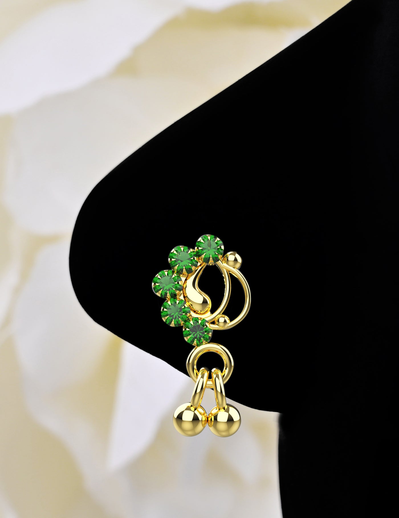 Green Stone Paved Gold Butterfly Dangle Nose Ring