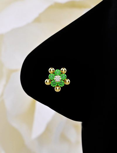 Emerald Stone Prong Flower Nose Stud