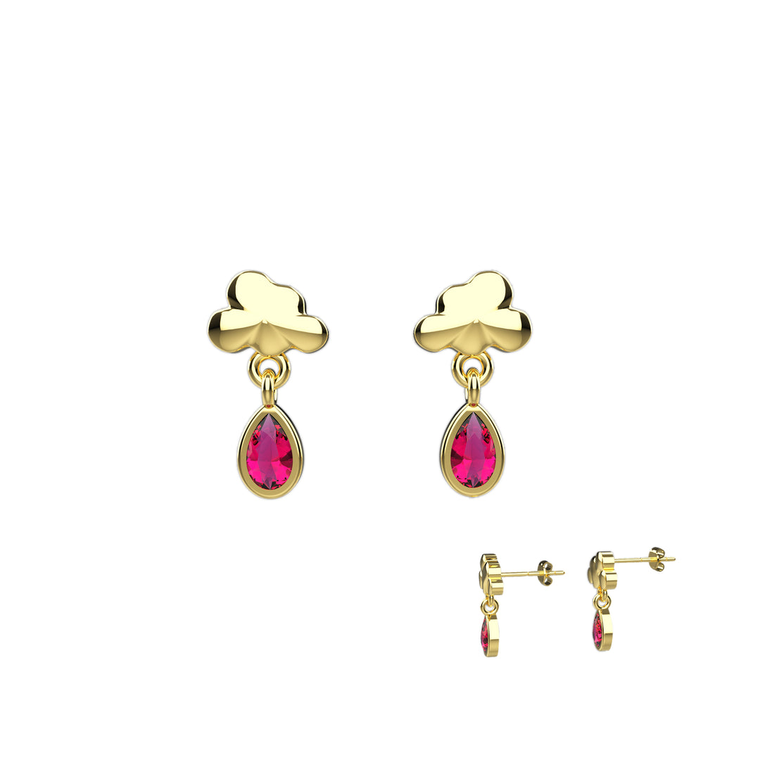Raindrop dangle ruby earrings – gold and silver finish