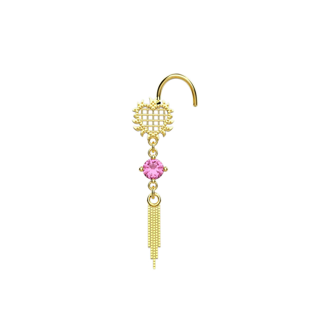 Dangle Heart Chain Pink Sapphire Nose Stud