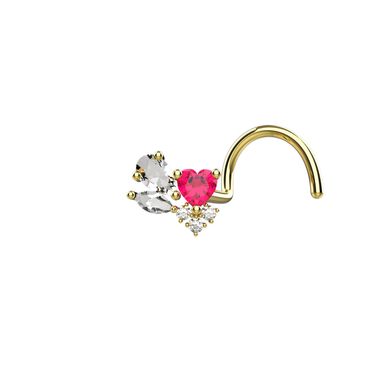 Minimalist heart nose piercing studs displayed in Yellow Gold, Silver, Rose Gold, and Black finishes.
