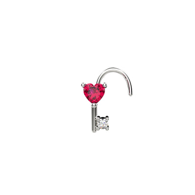 Key Gold Nose Stud Paved Ruby & Crystal Clear Stone