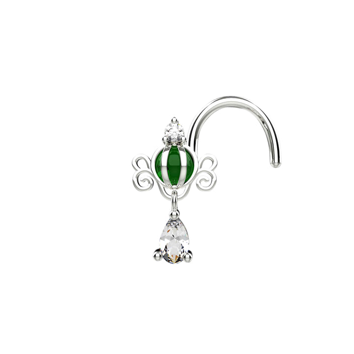 Model wearing a bohemian 20 gauge sterling silver Gond nose ring dangle with an elegant drop design.
