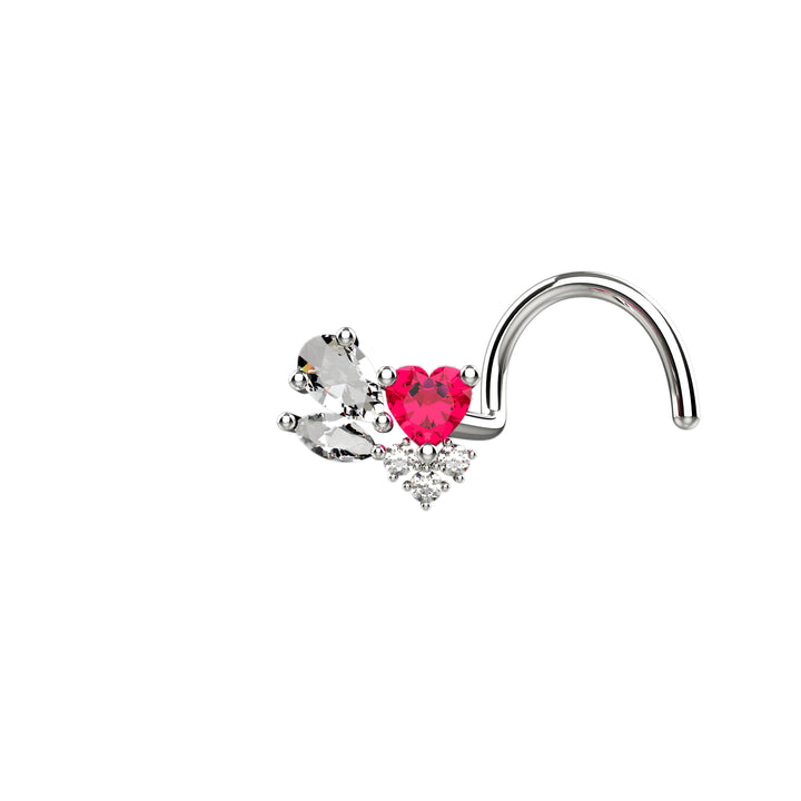 Close-up of a model wearing an elegant and dainty 14ct gold plated heart nose stud piercing.