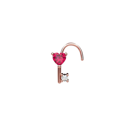 Key Gold Nose Stud Paved Ruby & Crystal Clear Stone