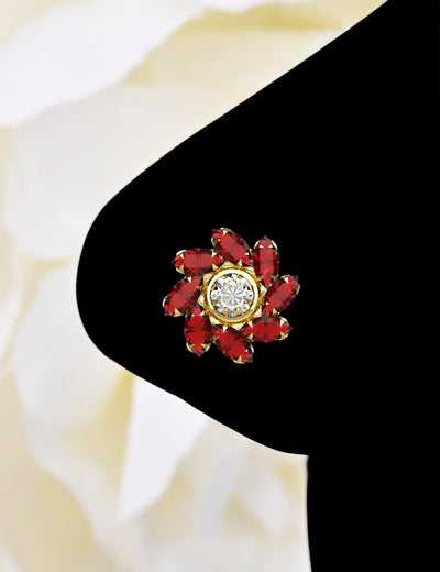 Flower Shaped 22k Gold Plating CZ Ruby Gems Nose Piercing