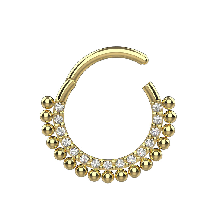 silver gold septum clicker nose ring close up detail