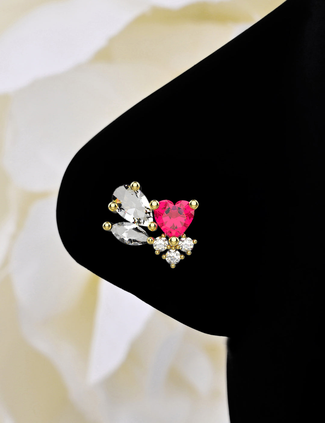 Dainty 14ct yellow gold plated heart nose ring stud with a sparkling CZ stone accent.