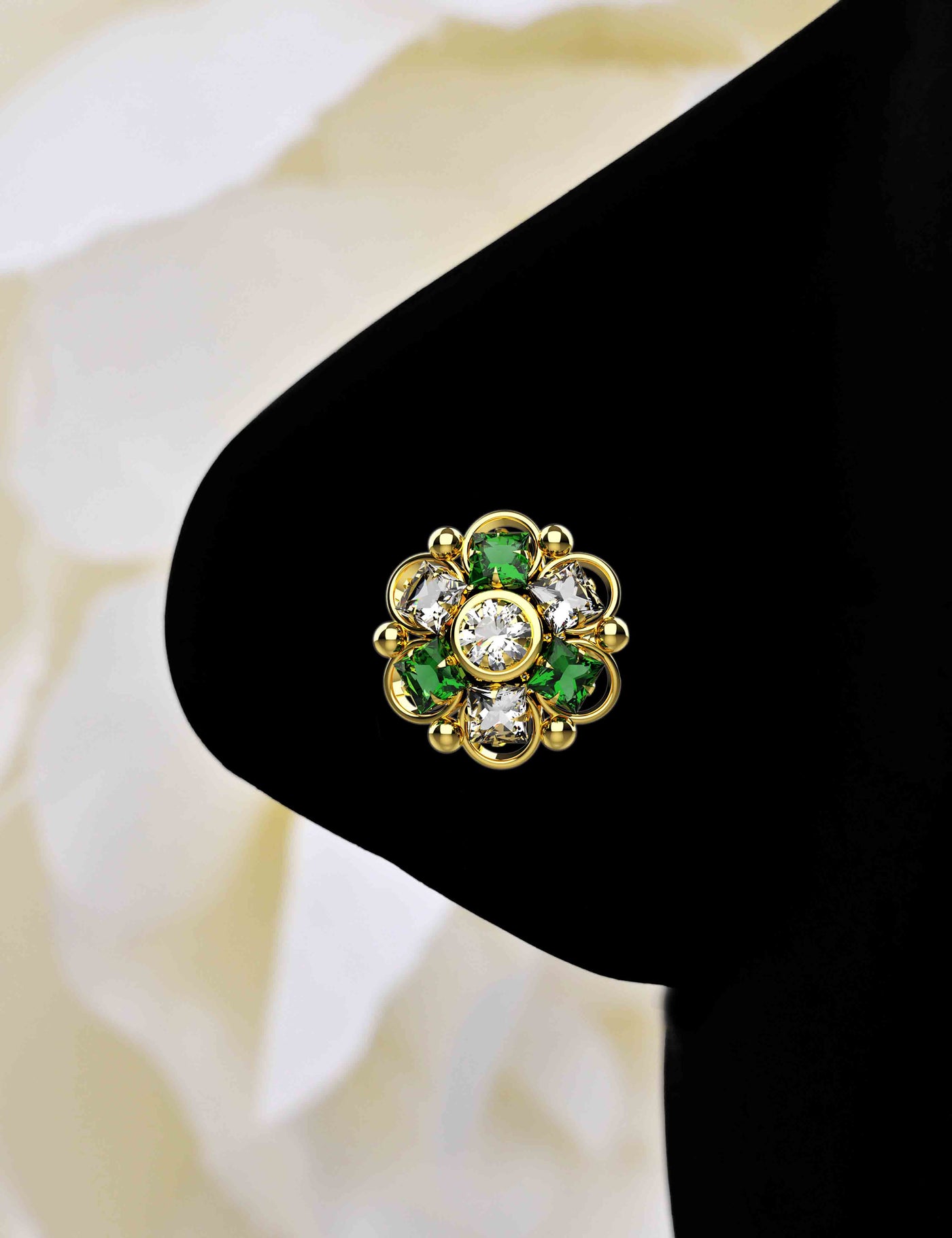 Ethnic Flower Emerald Gemstone 14k Gold Plated Nose Stud