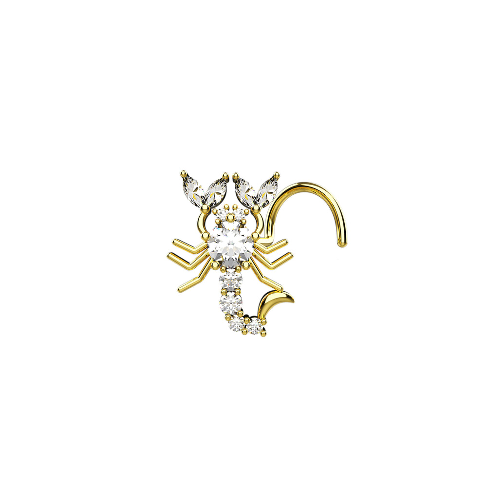 Scorpion body jewelry nose studs displayed in Yellow Gold, Silver, Rose Gold, and Black finishes.