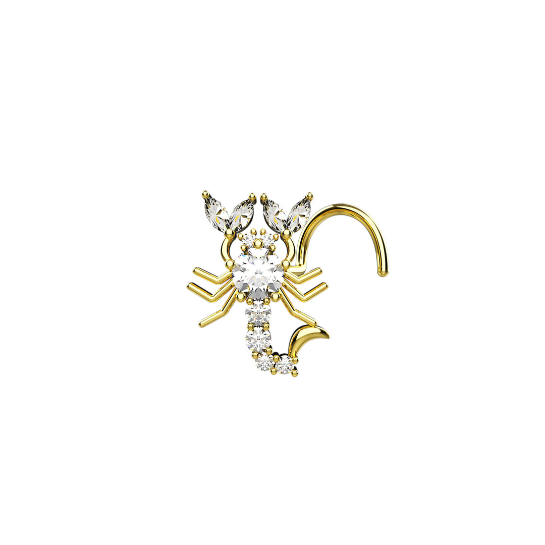 Scorpion body jewelry nose studs displayed in Yellow Gold, Silver, Rose Gold, and Black finishes.