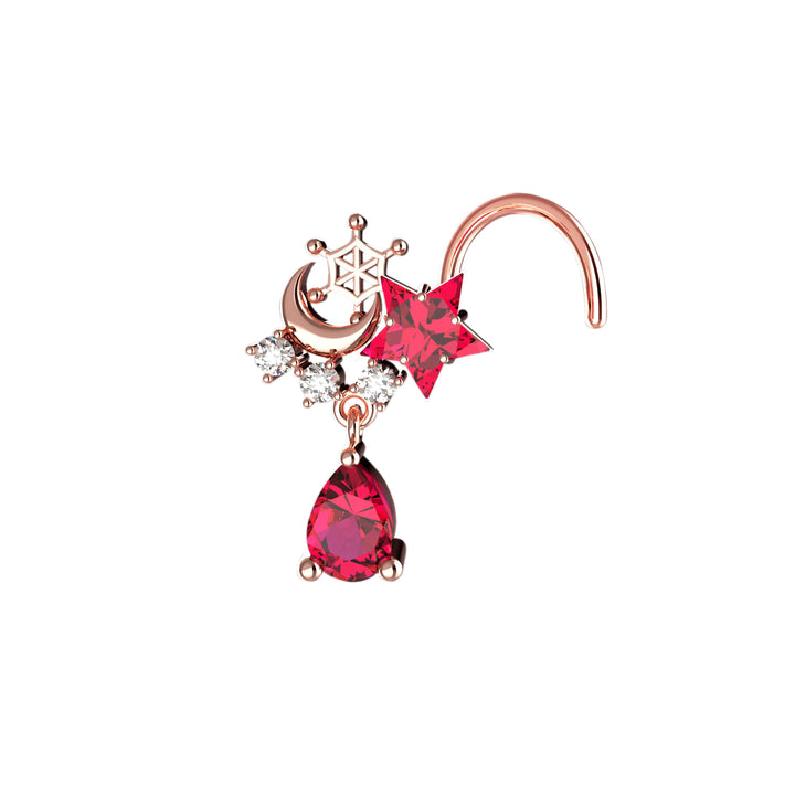 Crescent Moon Dangle Drop Ruby Gems Nose Stud