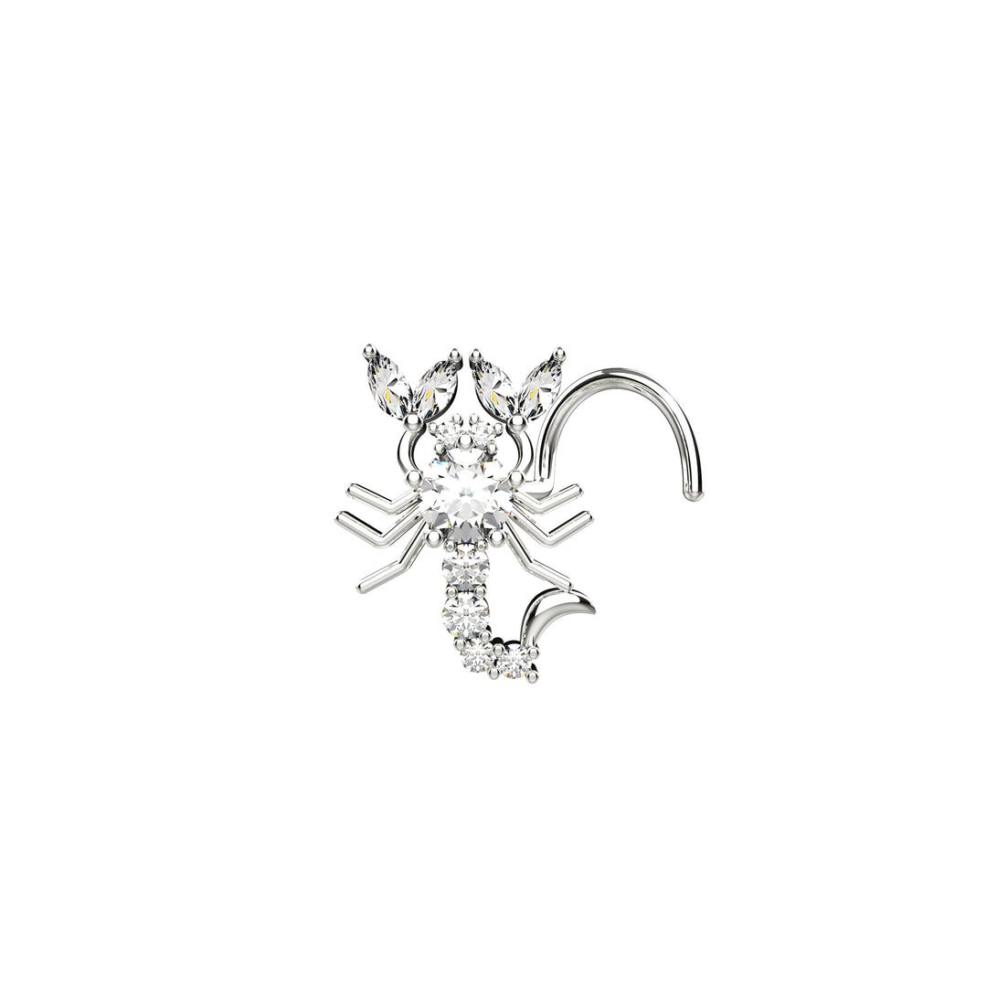 Close-up of a model wearing a gothic 20 gauge sterling silver scorpion nose stud piercing.