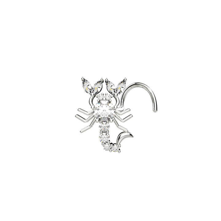 Close-up of a model wearing a gothic 20 gauge sterling silver scorpion nose stud piercing.
