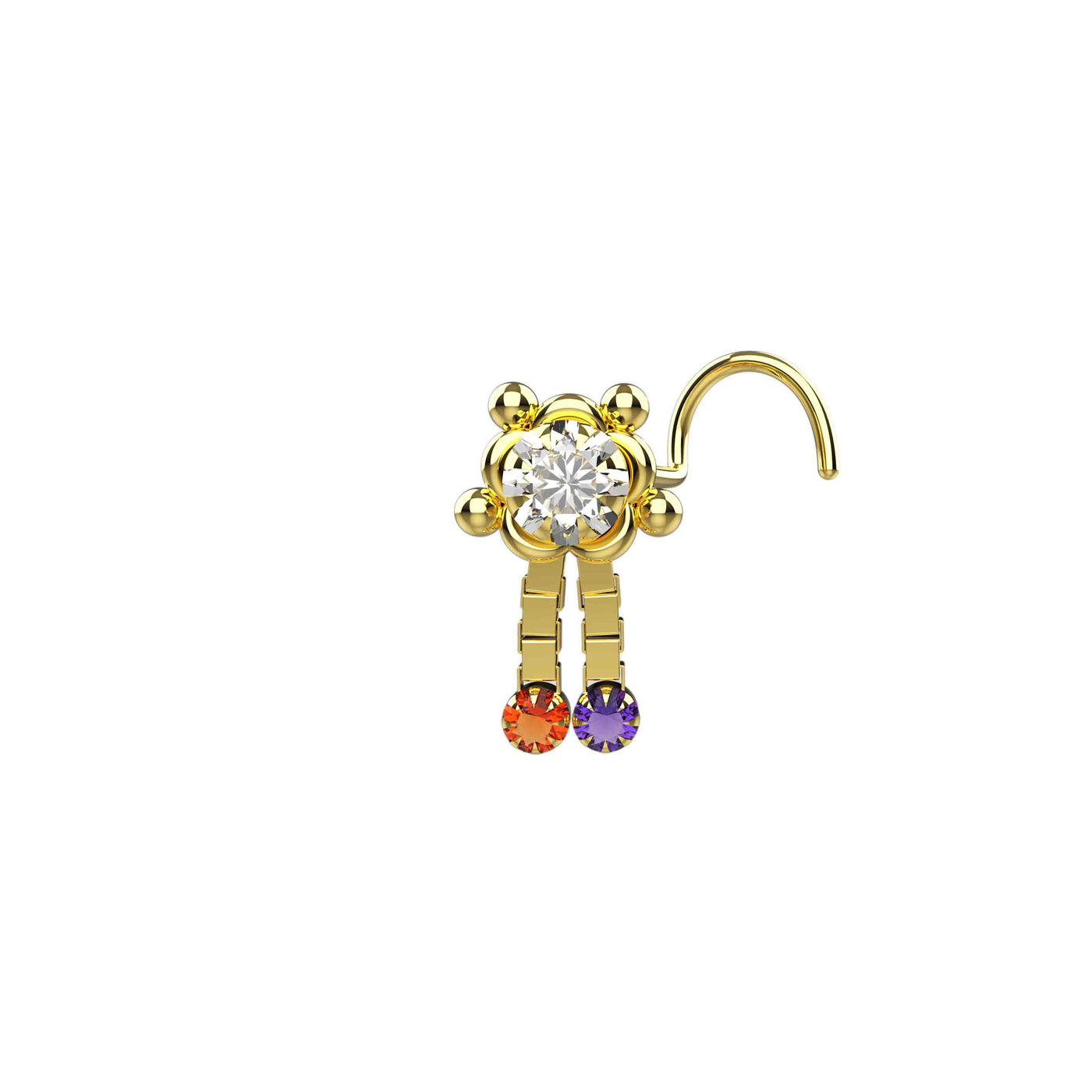 22k Yellow Gold Plated CZ Gems Dangle Chain Nose Stud