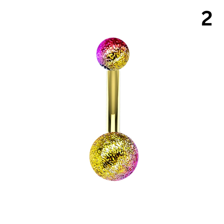 Close-up of textured crackle ball belly ring showing iridescent finish