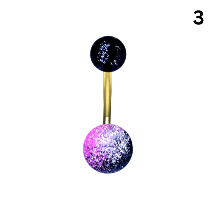 Curved banana bar crackle ball belly ring front view