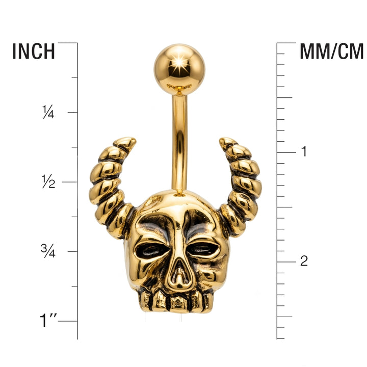 Silver devil skull belly ring with curved ribbed horns- size guide