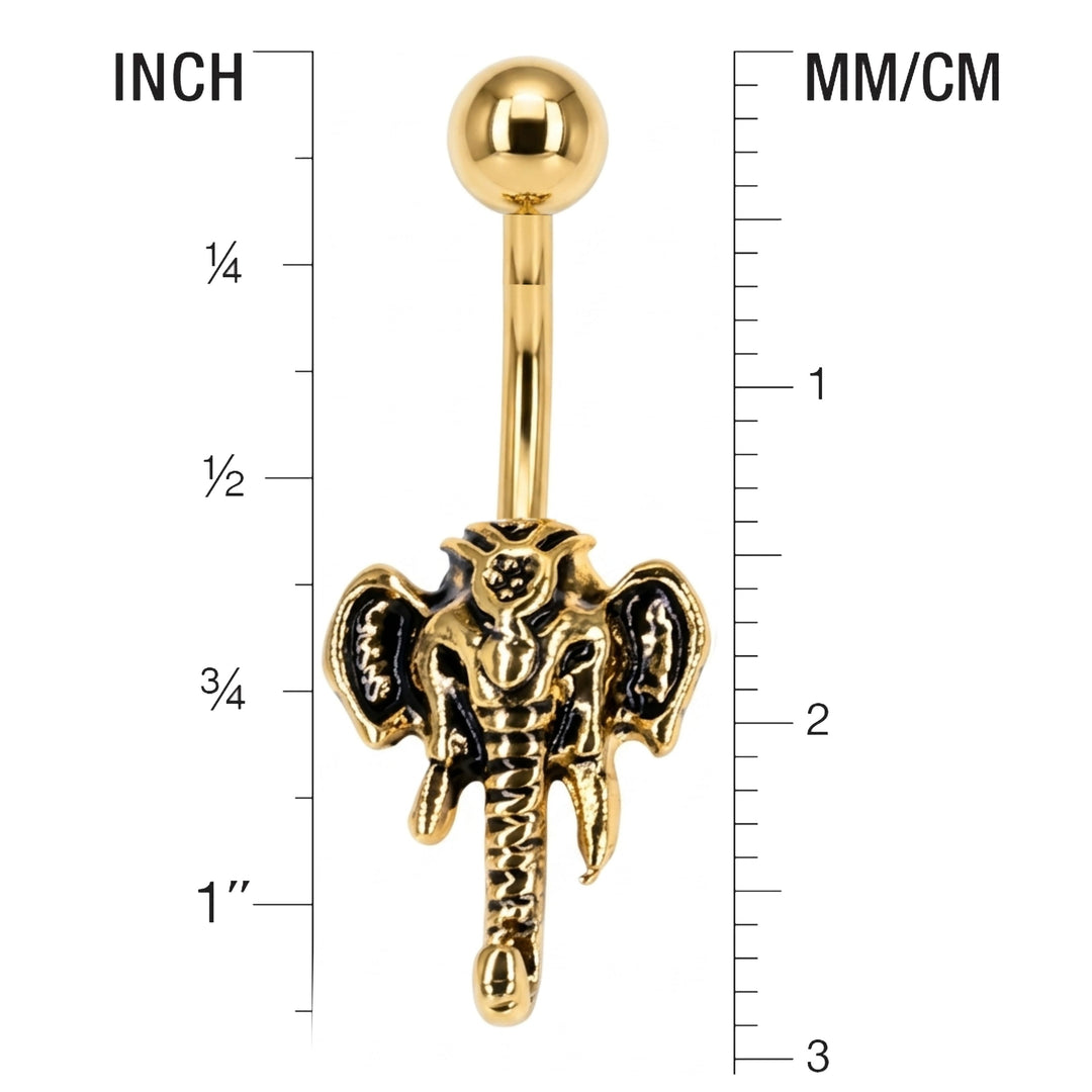 Ganesha navel ring front view showing sculpted trunk and size guide
