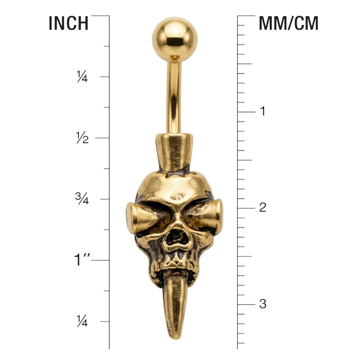 Stainless steel skull belly ring front view showing horned design detail and size guide