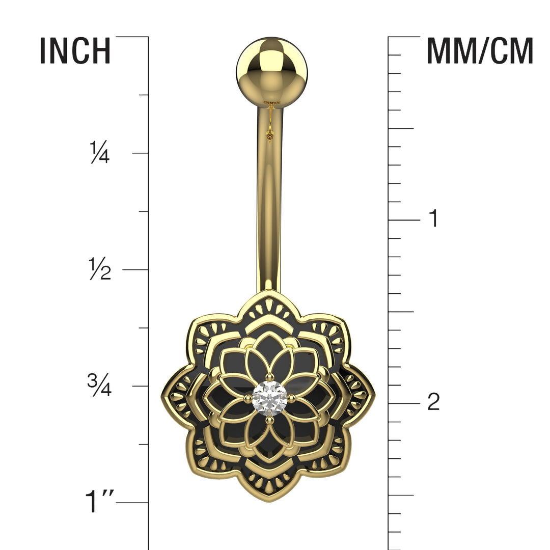 Gold belly button ring with black floral design and central gemstone, shown with measurements in inches and millimeters.