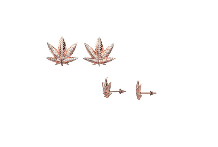 Diamond and 18K Gold Plated Marijuana Pot Leaf Stud Earrings