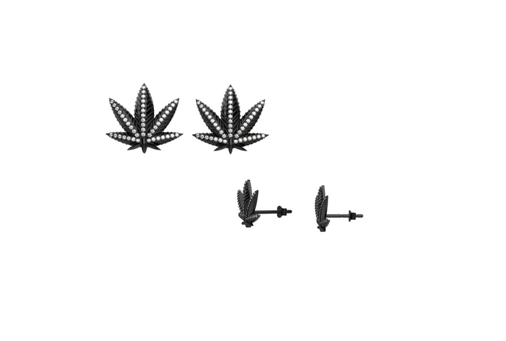 Diamond and 18K Gold Plated Marijuana Pot Leaf Stud Earrings