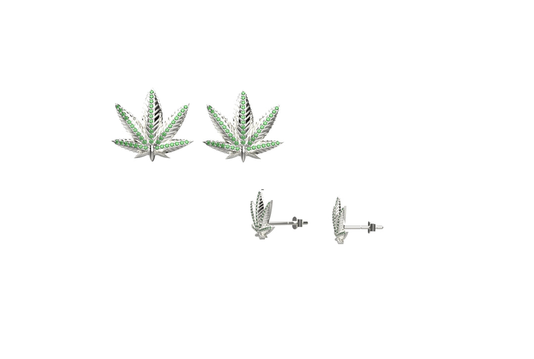 14K Gold Plated Green Emerald Marijuana Pot Leaf Stud Earrings