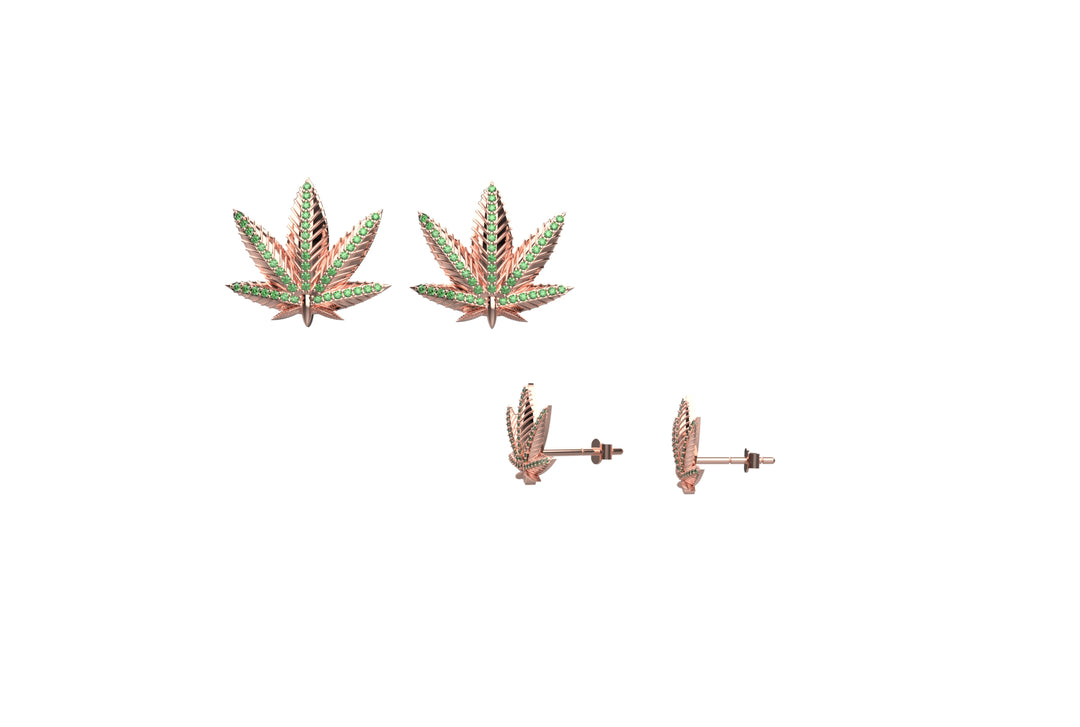 14K Gold Plated Green Emerald Marijuana Pot Leaf Stud Earrings