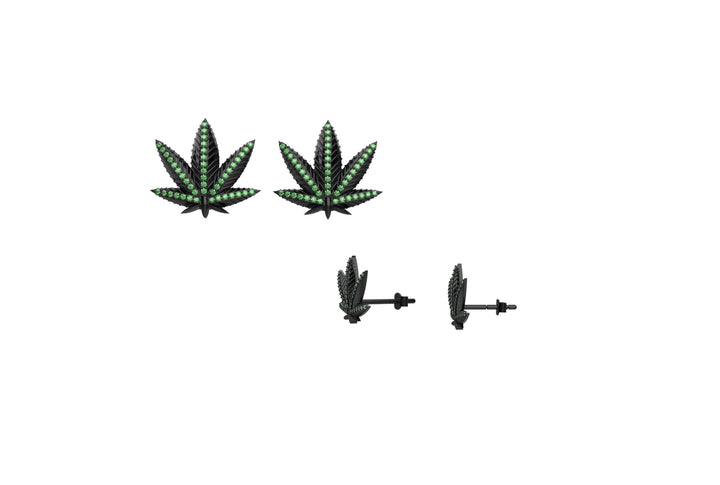 14K Gold Plated Green Emerald Marijuana Pot Leaf Stud Earrings