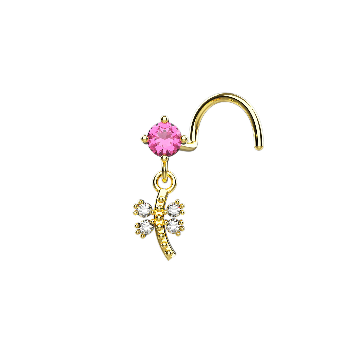 Pink Stone Gold Butterfly Dangle Nose Stud