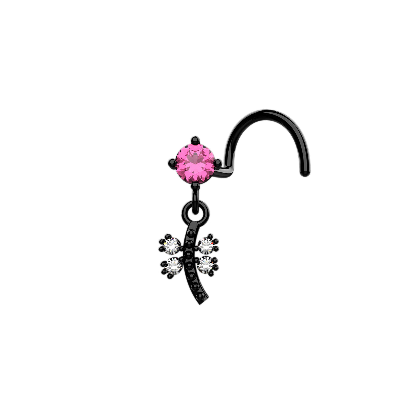 Pink Stone Gold Butterfly Dangle Nose Stud