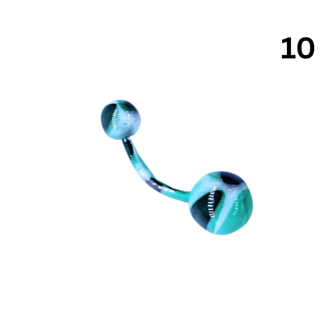 Close-up of marble swirl belly ring showing glossy color pattern details 