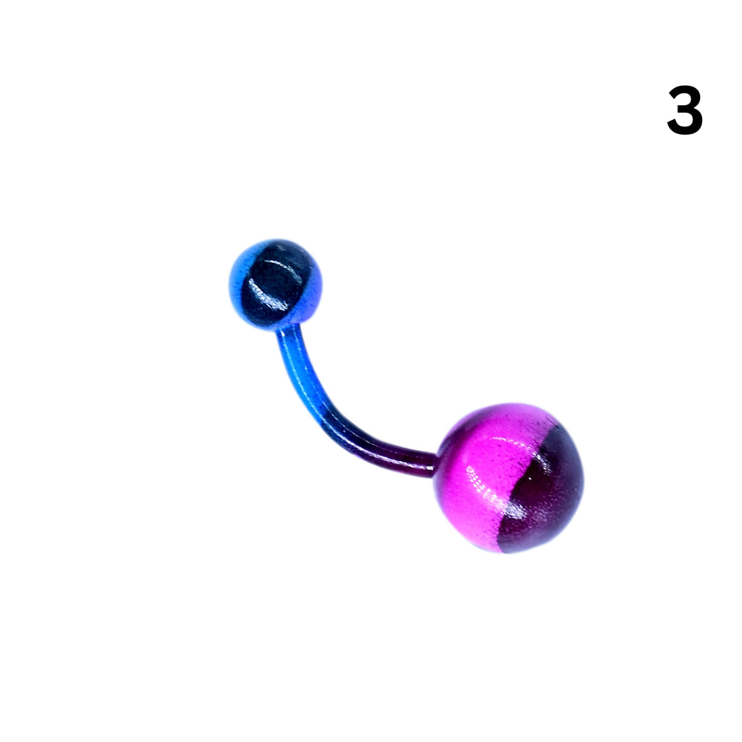 Marble swirl belly ring measurement view showing bar length and ball sizes