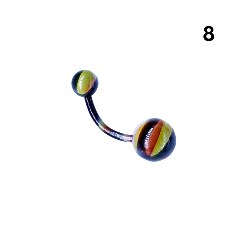 Marble swirl belly ring measurement view showing bar length and ball sizes