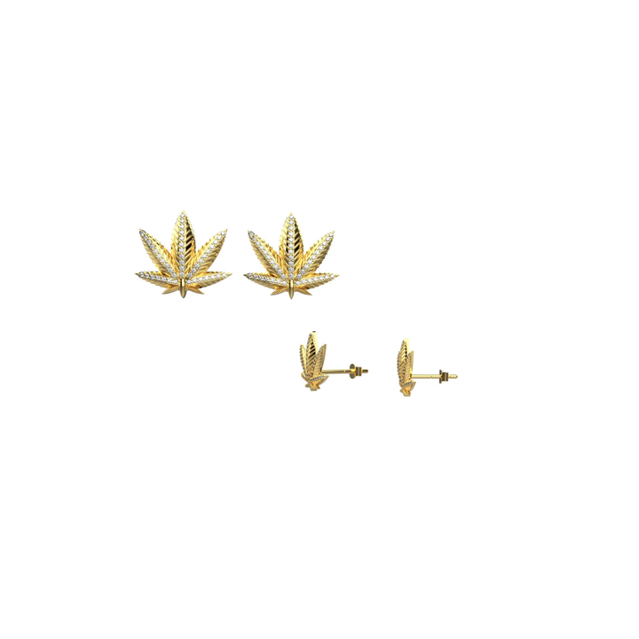 Gold marijuana leaf earrings – diamond stud accents