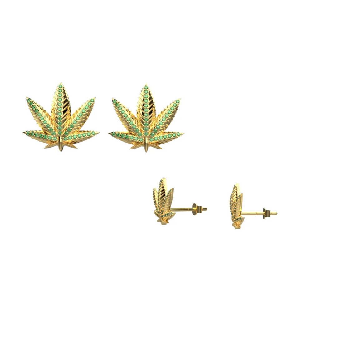 Emerald marijuana leaf earrings – gold stud design