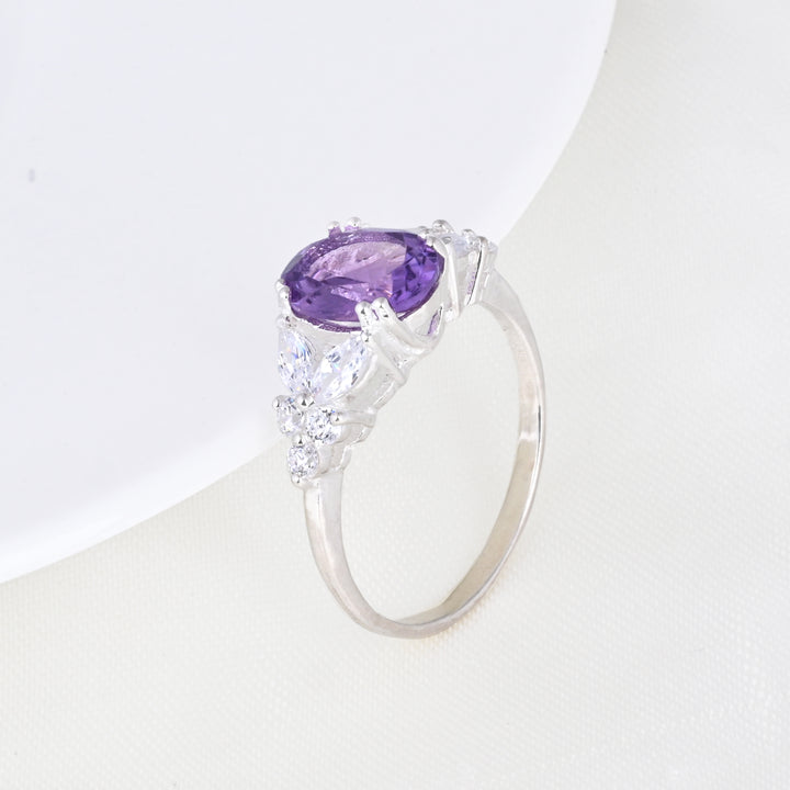 Oval Shape Amethyst and CZ Halo Engagement Ring