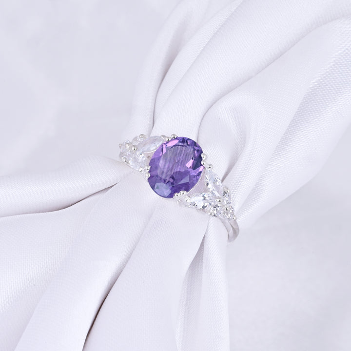 Oval Shape Amethyst and CZ Halo Engagement Ring