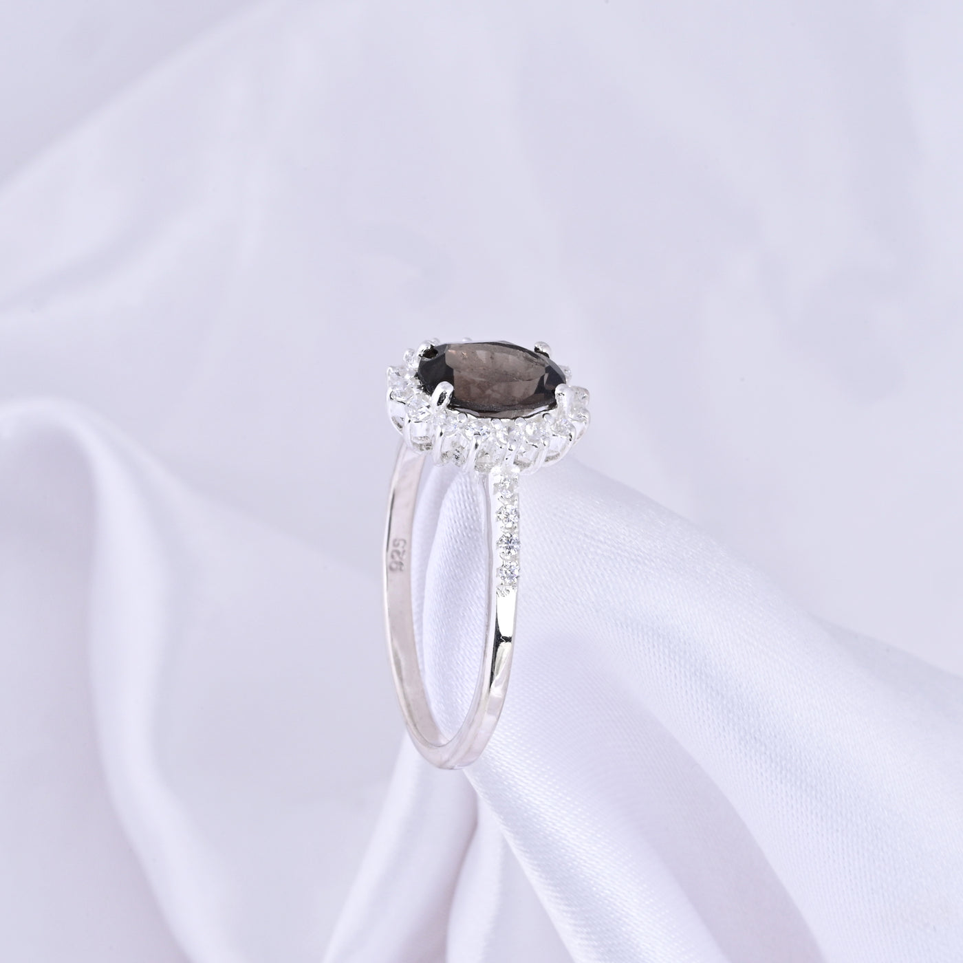 Smoky Quartz & Diamond Silver Ring Oval Cut Statement Ring