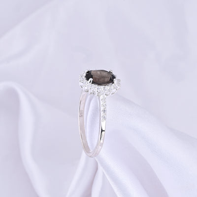 Smoky Quartz & Diamond Silver Ring Oval Cut Statement Ring