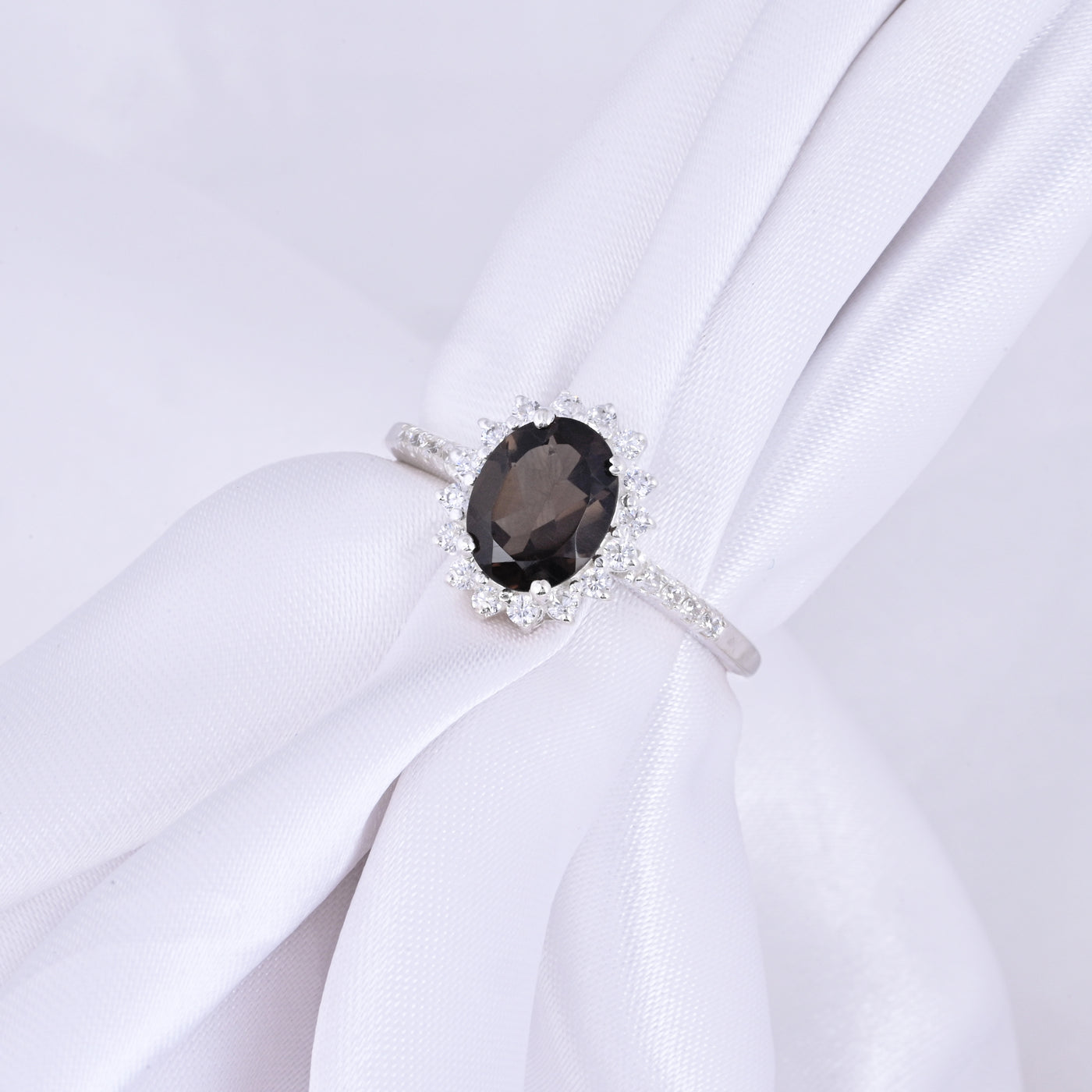 Smoky Quartz & Diamond Silver Ring Oval Cut Statement Ring